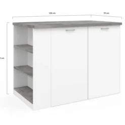 Ilot central de cuisine bois blanc et effet béton