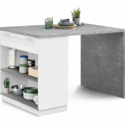 Ilot central effet béton et blanc 130 cm pour 4 personnes