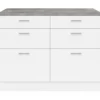 Ilot central mange-debout 120 cm casserolier 6 tiroirs blanc avec plan de travail effet béton