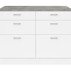 Ilot central mange-debout 120 cm casserolier 6 tiroirs blanc avec plan de travail effet béton