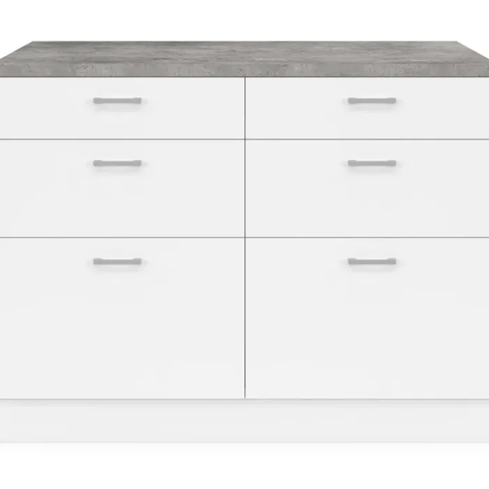 Ilot central mange-debout 120 cm casserolier 6 tiroirs blanc avec plan de travail effet béton