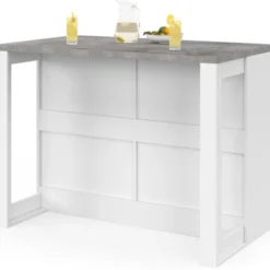Ilot central mange-debout 120 cm casserolier 6 tiroirs blanc avec plan de travail effet béton