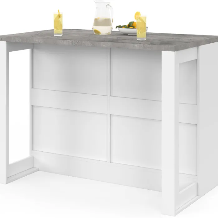 Ilot central mange-debout 120 cm casserolier 6 tiroirs blanc avec plan de travail effet béton