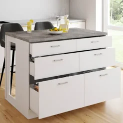 Ilot central mange-debout 120 cm casserolier 6 tiroirs blanc avec plan de travail effet béton