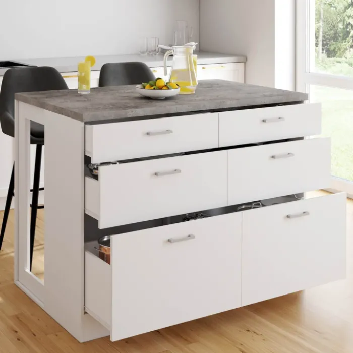 Ilot central mange-debout 120 cm casserolier 6 tiroirs blanc avec plan de travail effet béton