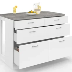 Ilot central mange-debout 120 cm casserolier 6 tiroirs blanc avec plan de travail effet béton