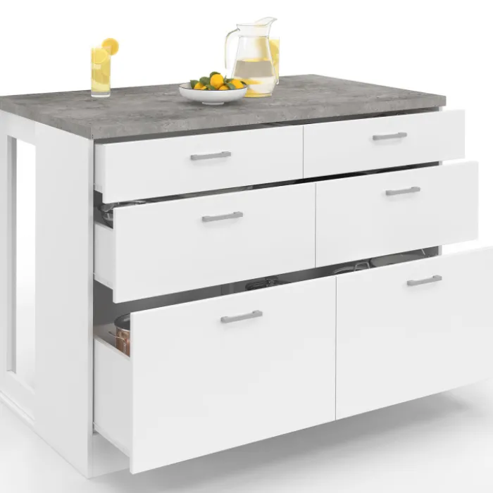 Ilot central mange-debout 120 cm casserolier 6 tiroirs blanc avec plan de travail effet béton
