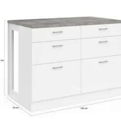 Ilot central mange-debout 120 cm casserolier 6 tiroirs blanc avec plan de travail effet béton