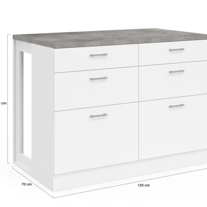 Ilot central mange-debout 120 cm casserolier 6 tiroirs blanc avec plan de travail effet béton