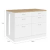 Ilot central mange-debout 120 cm casserolier 6 tiroirs blanc et plateau bois