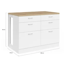 Ilot central mange-debout 120 cm casserolier 6 tiroirs blanc et plateau bois