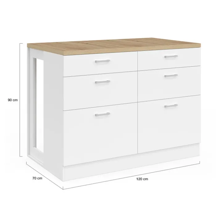 Ilot central mange-debout 120 cm casserolier 6 tiroirs blanc et plateau bois