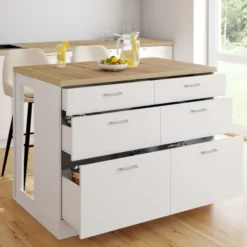 Ilot central mange-debout 120 cm casserolier 6 tiroirs blanc et plateau bois