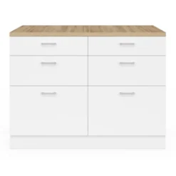 Ilot central mange-debout 120 cm casserolier 6 tiroirs blanc et plateau bois