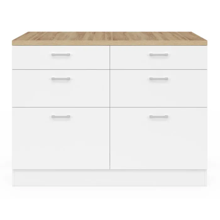 Ilot central mange-debout 120 cm casserolier 6 tiroirs blanc et plateau bois