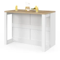 Ilot central mange-debout 120 cm casserolier 6 tiroirs blanc et plateau bois