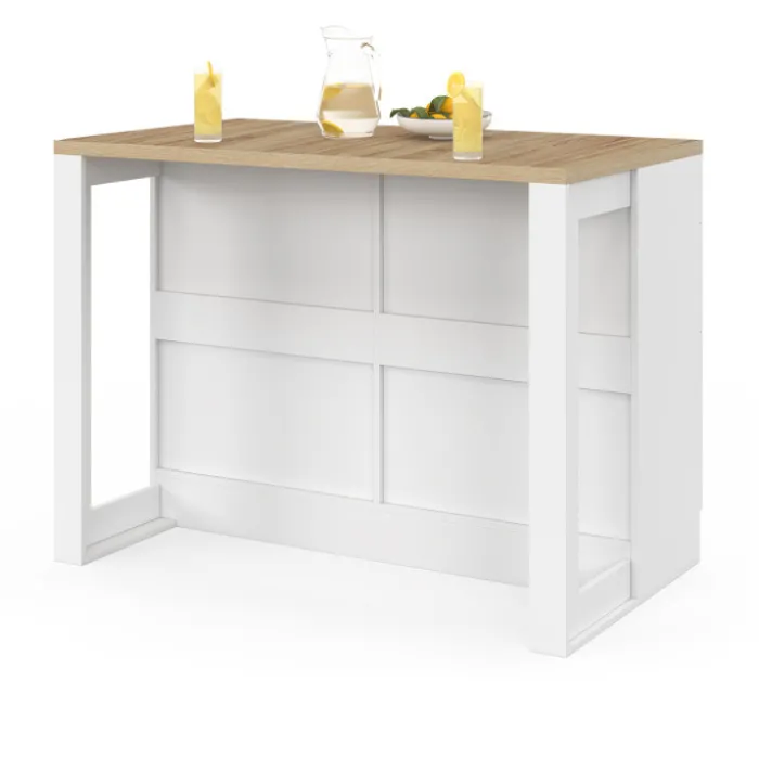 Ilot central mange-debout 120 cm casserolier 6 tiroirs blanc et plateau bois