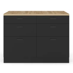 Ilot central mange-debout 120 cm casserolier 6 tiroirs noir et plateau bois