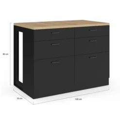 Ilot central mange-debout 120 cm casserolier 6 tiroirs noir et plateau bois
