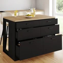 Ilot central mange-debout 120 cm casserolier 6 tiroirs noir et plateau bois
