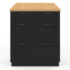 Ilot central mange-debout 4 personnes 130 cm casserolier 3 tiroirs noir et plateau bois