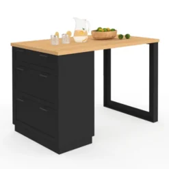 Ilot central mange-debout 4 personnes 130 cm casserolier 3 tiroirs noir et plateau bois