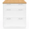 Ilot central mange-debout 4 personnes 130 cm casserolier 3 tiroirs blanc et plateau bois