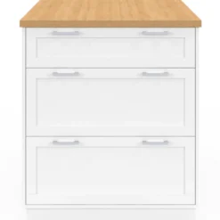 Ilot central mange-debout 4 personnes 130 cm casserolier 3 tiroirs blanc et plateau bois
