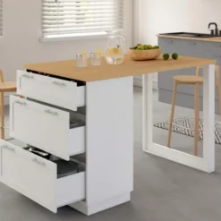 Ilot central mange-debout 4 personnes 130 cm casserolier 3 tiroirs blanc et plateau bois