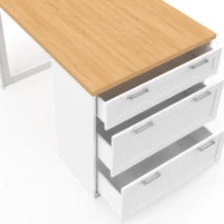 Ilot central mange-debout 4 personnes 130 cm casserolier 3 tiroirs blanc et plateau bois