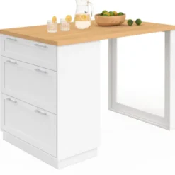 Ilot central mange-debout 4 personnes 130 cm casserolier 3 tiroirs blanc et plateau bois
