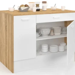 Ilot central maxi capacité de rangement bois et blanc