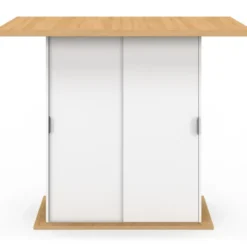 Ilot central 4 personnes 110 cm pied central avec rangement bois blanc avec plan de travail façon hêtre