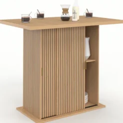 Ilot central 4 personnes 110 cm pied central avec rangement effet lattes tasseau de bois