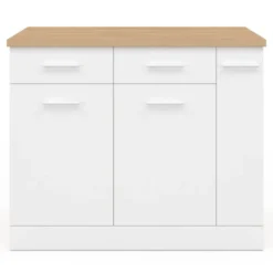 Ilot central portes avec rangements, tiroirs, rangement coulissant et plan de travail façon hêtre et blanc