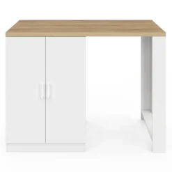 Ilot de cuisine central bois blanc 120 cm avec portes vitrées et rangements