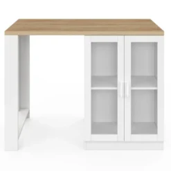 Ilot de cuisine central bois blanc 120 cm avec portes vitrées et rangements