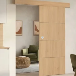 Kit porte coulissante effet bois 83 cm avec rail et fixations