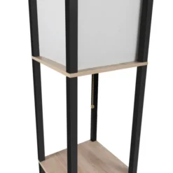 Lampadaire industriel en bois noir avec étagères bois clair et abat-jour blanc
