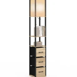 Lampadaire industriel en bois noir avec étagères bois clair 3 tiroirs tissu UTAH et abat-jour carré blanc