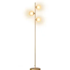 Lampadaire sur pied en métal doré avec 3 abat-jours globe verre