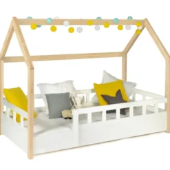 Lit cabane pour enfant blanc et hêtre 80x160 cm