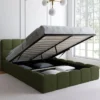 Lit coffre double avec sommier et tête de lit matelassée 140 x 190 cm tissu bouclette vert kaki
