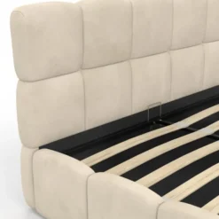 Lit coffre double avec sommier 160 x 200 cm et tête de lit matelassée velours beige
