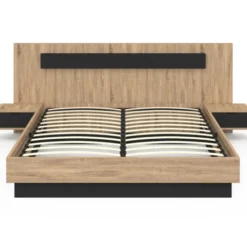Lit coffre double avec tête de lit + tables de chevet intégrées et sommier 160 x 200 cm bois et noir