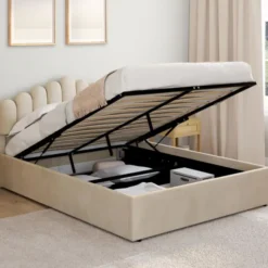 Lit coffre double avec tête de lit et sommier 140 x 190 cm velours beige