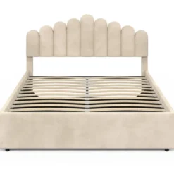 Lit coffre double avec tête de lit et sommier 140 x 190 cm velours beige