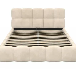 Lit coffre double avec tête de lit matelassée et sommier de 140 x 190 cm en velours beige