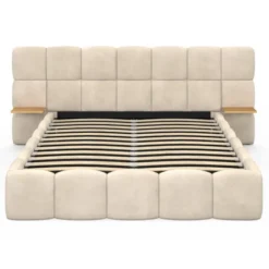 Lit coffre double avec tête de lit matelassée + tables de chevet intégrées et sommier 140 x 190 cm velours beige