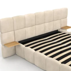 Lit coffre double avec tête de lit matelassée + tables de chevet intégrées et sommier 140 x 190 cm velours beige